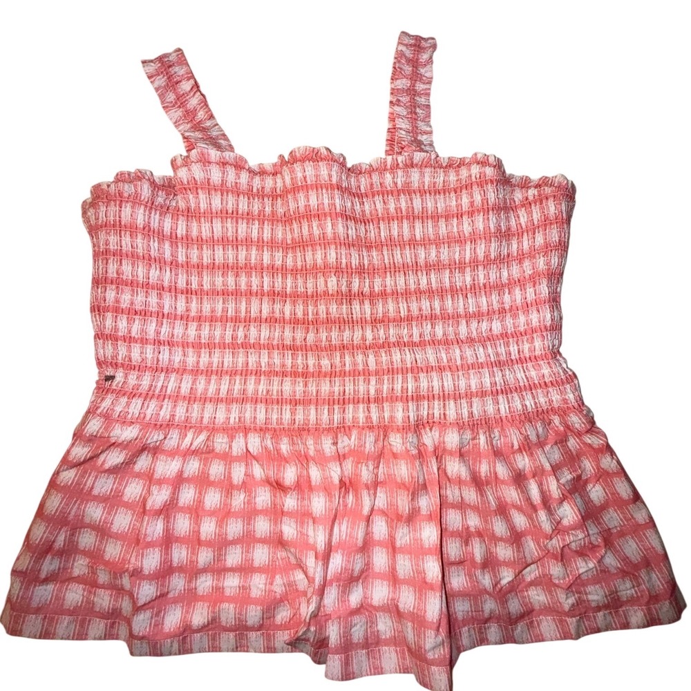 Candace Cameron Bure Women's Coral Gingham Smocked Peplum Tank Top 1X Cotton